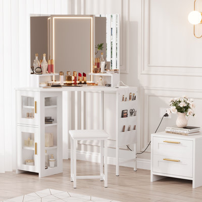 Corner Makeup Vanity Desk with Stool & Mirror, Large Dressing Table with Storage, Makeup Vanity Table Set for Bedroom Small Space