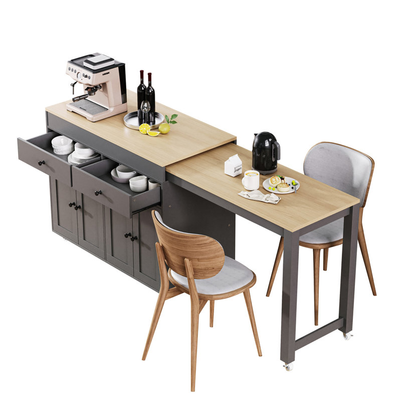 Îlot de cuisine avec table de salle à manger extensible 74,5 pouces K&K, Gris