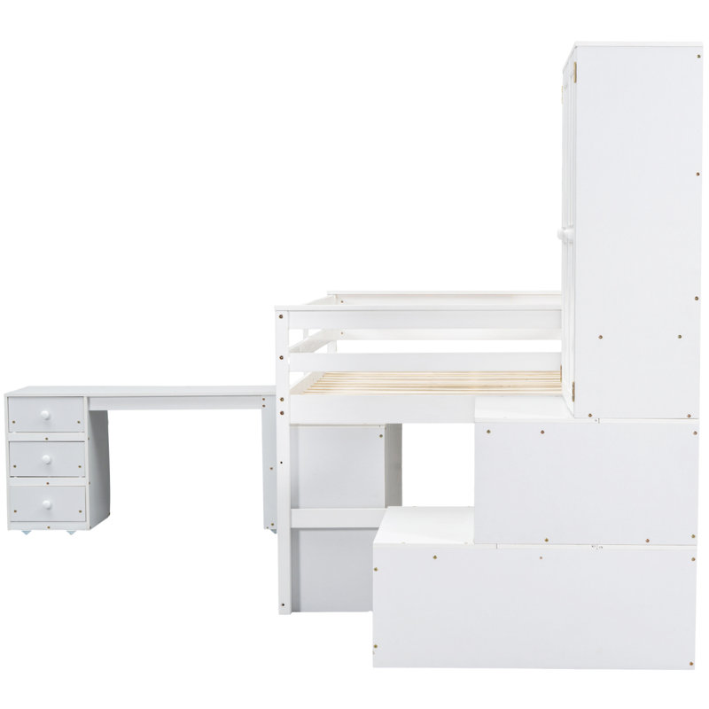 Lit mezzanine en bois avec rangement sous le lit et tiroirs avec tablettes