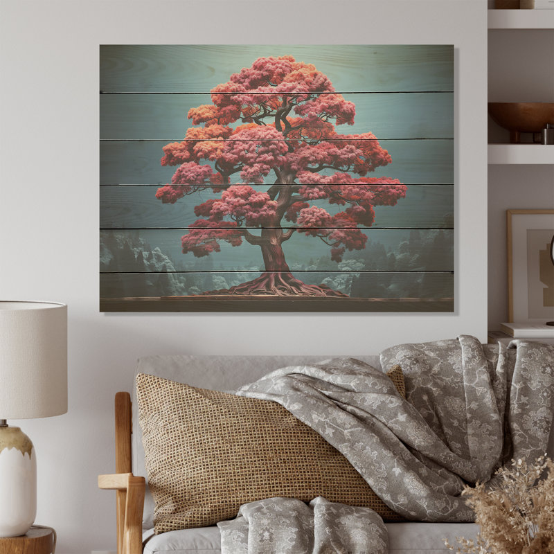 «Mystic Pink Trees In Amethyst Landscape», art mural panneau de bois de séquoia sur bois de pin naturel, H 24 po x l 32 po