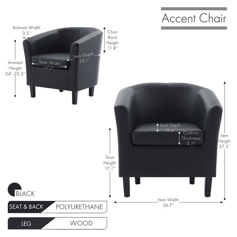 Fauteuil demi-tonneau en cuir 28 po Seldon, Black Polyurethane