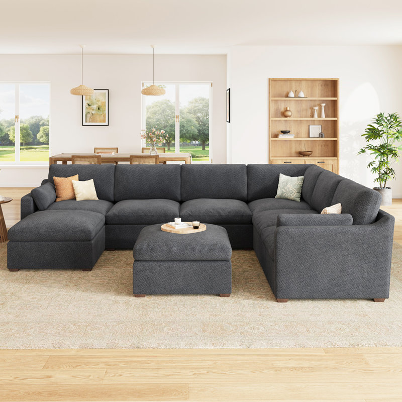 Abramson U-Shaped Upholstered Sectional Cloud Sofa With Ottoman, Gray Chenille