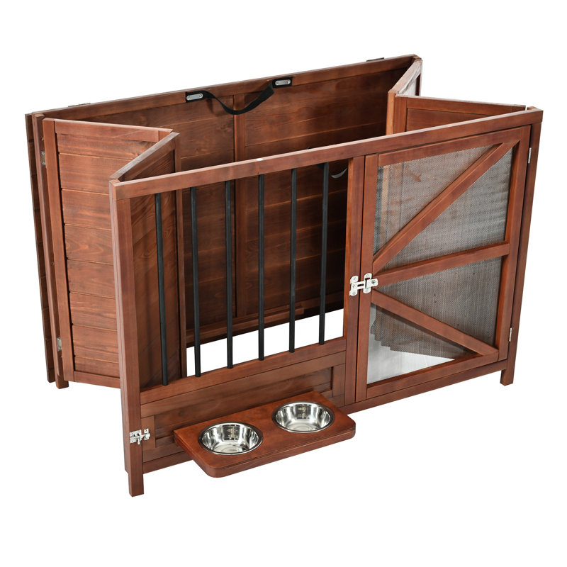 Meuble pour chien en bois massif de 43 po, chenil pliable avec mangeoire pivotante à 360 °, tâches multiples pour petits et moyens chiens, plateau portatif facile à nettoyer, apparence de style moderne, motif de couleur noyer