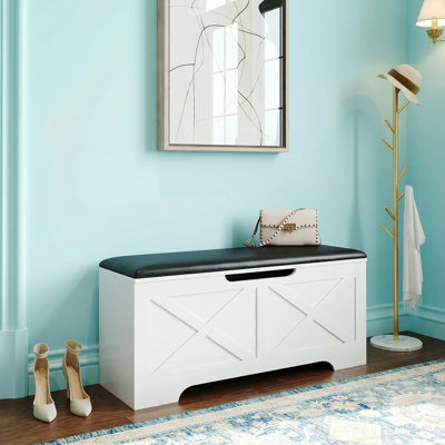39” Storage Bench With Padded Seat Cushion For Entryway, Living Room, Bedroom, White by Ophelia & Co.