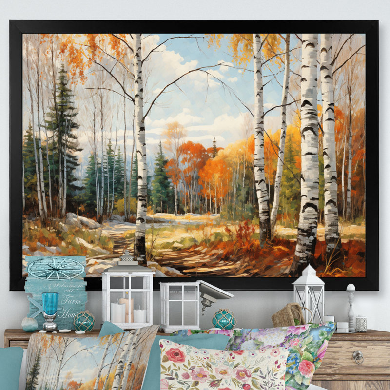 Bouleau saisonnier en bois de bouleau II - art mural grand bouleau, H 24 po x l 32 po x P 1 po, Cadre simple noir