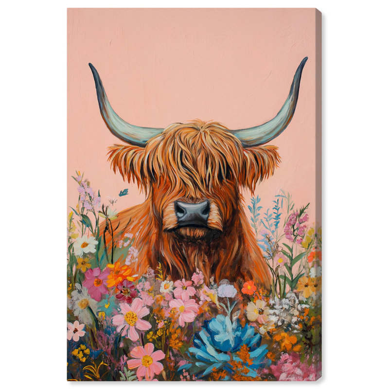 Farmhouse Floral Cow Wrapped Canvas Art in 24" x 16"