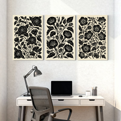 Plantes et fleurs, motif floral noir sur fond crème, ensemble de 3 impressions murales sur toile