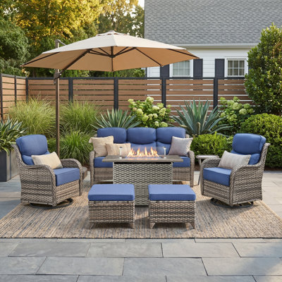 Polygala 7-Piece Outdoor Conversation Set With Fire Pit Table, 3-Seat Sofa & Swivel Gliders, 6" Thick Cushions, All-Weather PE Wicker