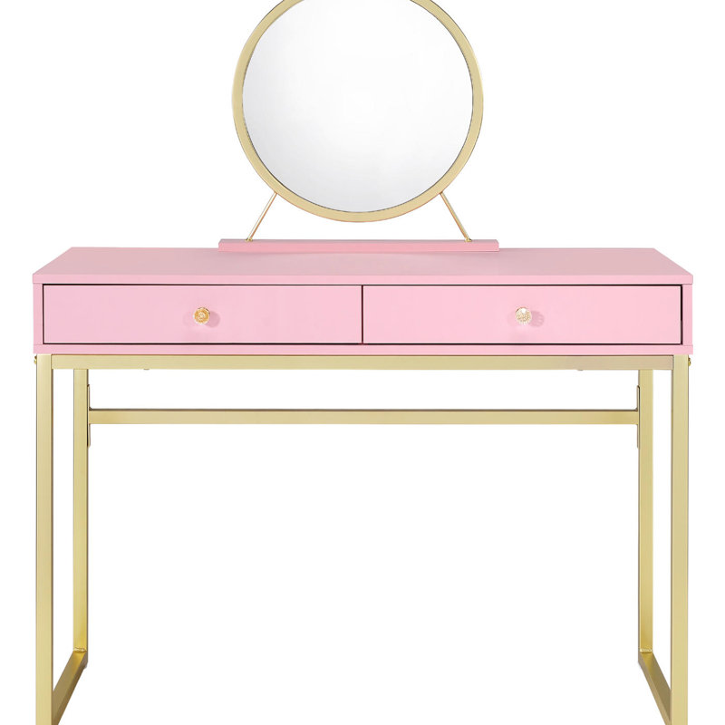 Bureau de coiffeuse 2 tiroirs avec miroir et plateau à bijoux, rose et or