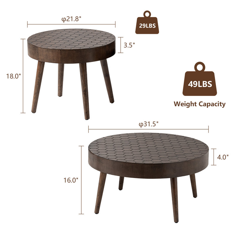 Brown Round Honeycomb Pattern MDF and Pine Wood Coffee Table Set