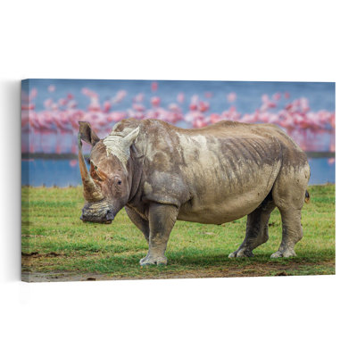 Rhino With Pink Flamingos Contemporary Flamingo Animal Nature Wall Art Print by Jeffrey C. Sink - 1 Piece Wrapped Canvas Wall Art
