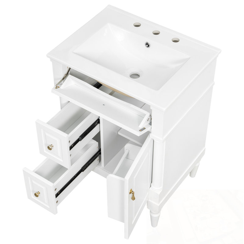 Meuble-lavabo avec lavabo, 2 tiroirs et tablettes de porte, 24", Blanc