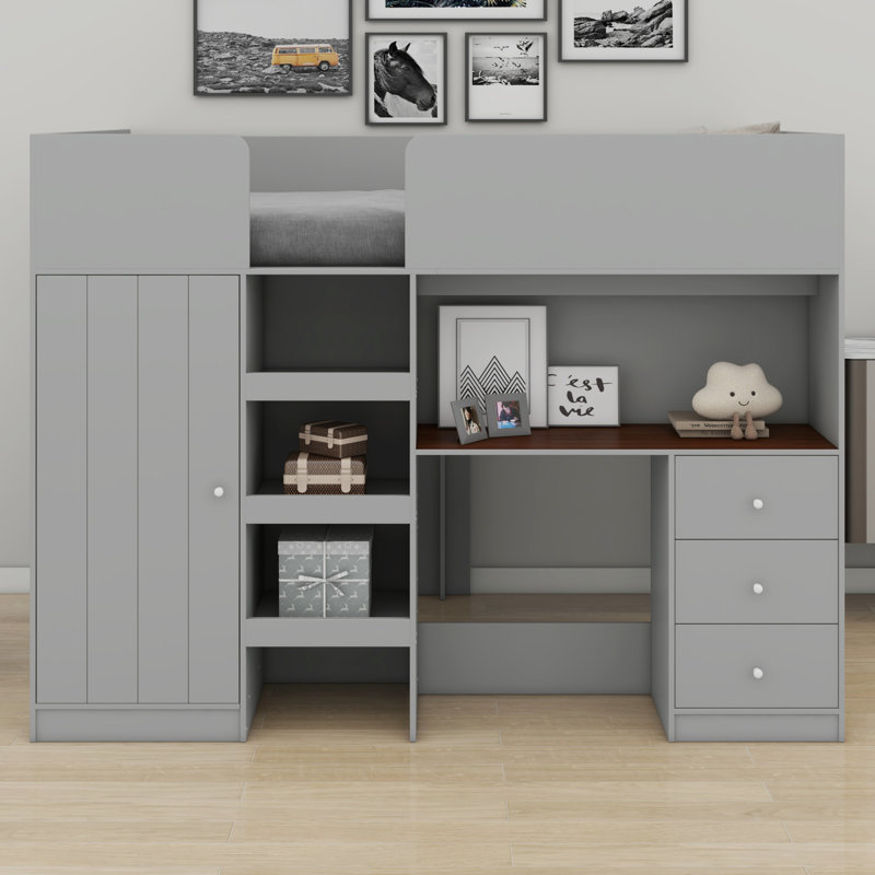 Lit mezzanine en bois avec garde-robe intégré, bureau, tablettes de rangement et tiroirs, Gris