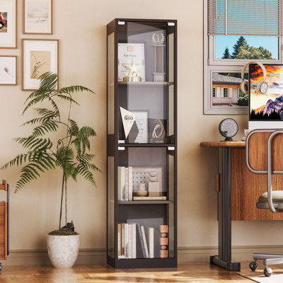 Display Cabinet with Glass Doors,4-Tier Showcase Display Case with RGB Lights, Modern Bookcase Shelf for Collectibles, Books, Living Room, Playroom, Black