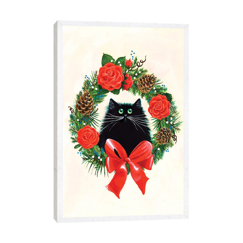 Black Cat In Rose Wreath by Kim Haskins - Print on Canvas, 152.5 cm H x 101.5 cm W, White Framed