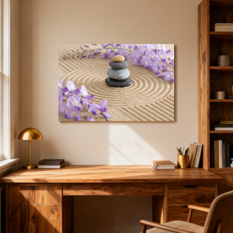 Pierres de jardin zen et fleurs mauves, H 20 po x l 30 po