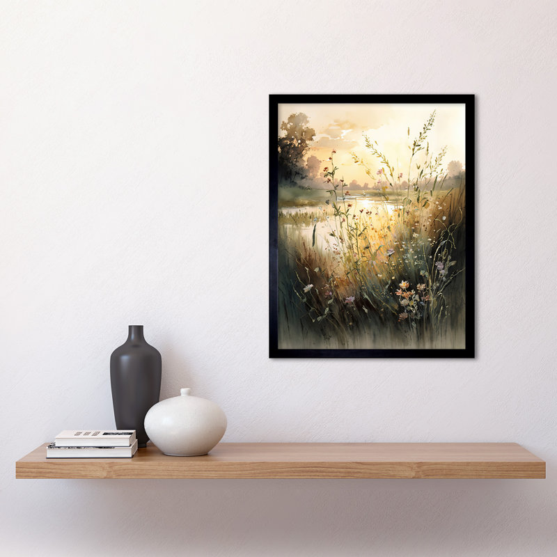 Lilena Serene Lakeside Landscape With Wildflowers At Dawn - Single Picture Frame Print
