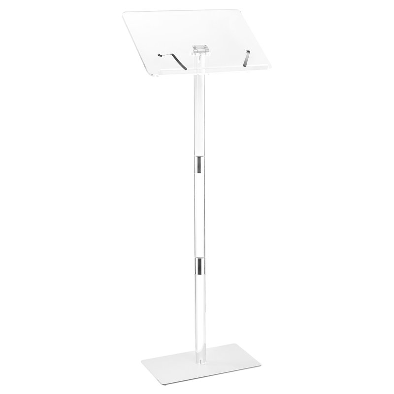 Support pour podium, lutrin en acrylique de 43 pouces, bureau pour ordinateur portable avec grande surface de lecture, pinces à livres, angle réglable, sur pied, pour salle de classe, mariage, conférence, conférence et concert