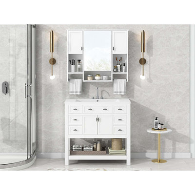 Ensemble de meuble-lavabo moderne avec 2 portes, 6 tiroirs, bar à serviettes et armoire à pharmacie