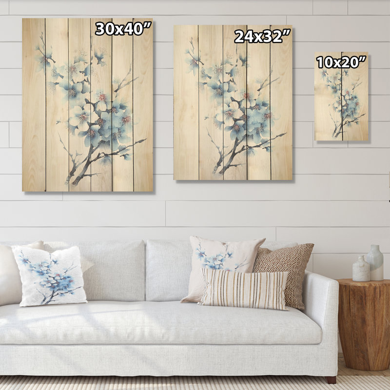 Bleu et blanc cerisier en fleurs saphir - art mural en bois de cerisier sur bois de pin naturel, H 32 po x l 24 po