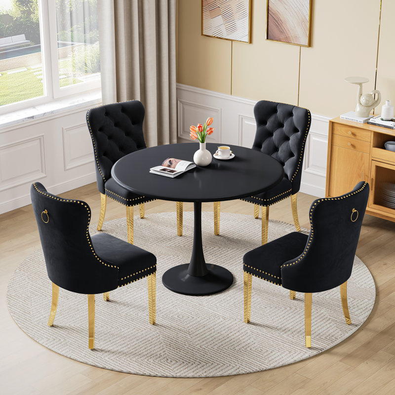 5-Piece Round Metal Dining Table Set With Velvet Upholstered Chairs – Modern Dining Furniture For Small Spaces, Black/Gold
