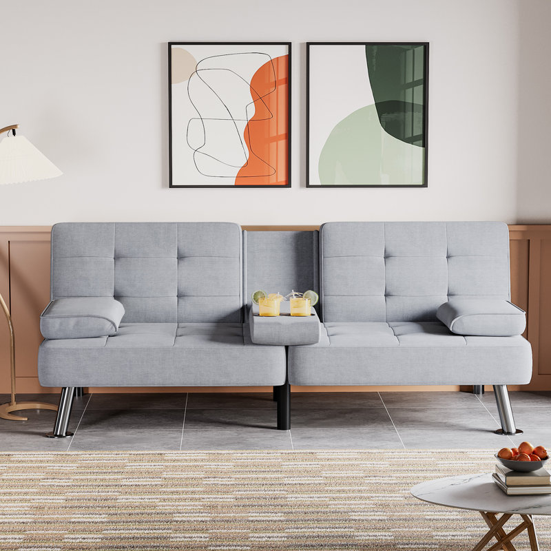Cashten 65'' Upholstered Tufted Convertible Sofa, Light Gray Linen Blend