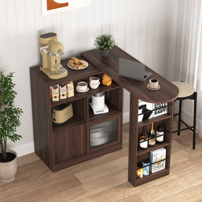 Armoire de bar moderne avec plateau tournant, 6 espaces de rangement et 2 portes en verre nervuré pour la cuisine et la salle à manger