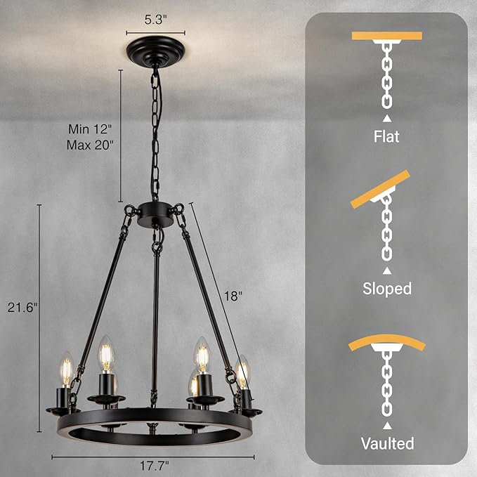 Mccormick 6-Light-Wagon Wheel Chandelier, Farmhouse Wagon Wheel Chandeliers For Dining Room, Round Chandelier For Living Room, Foyer, Entryway
