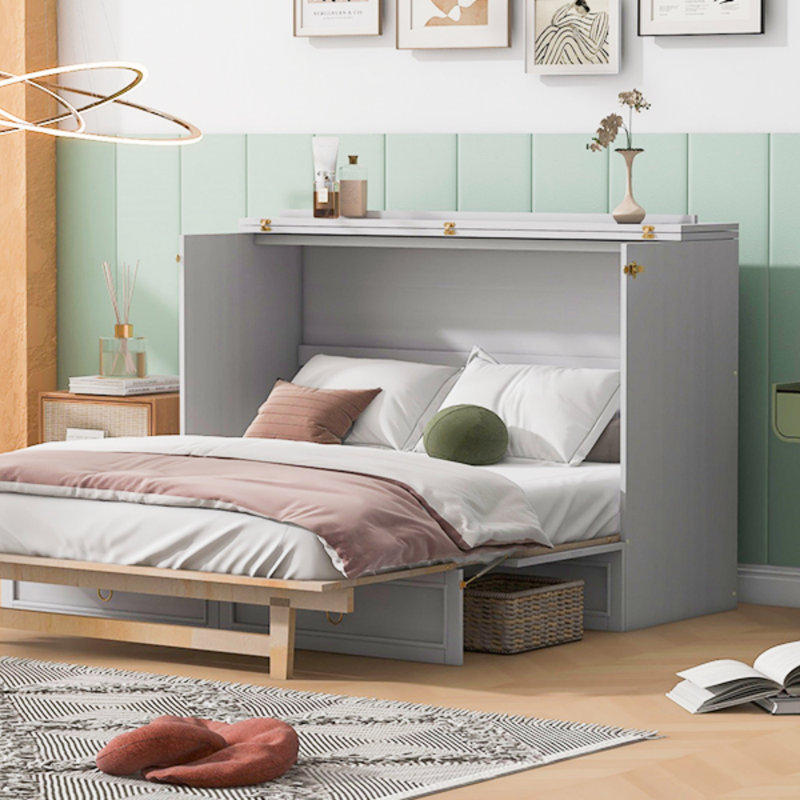 Lit escamotable avec grands tiroirs, cadre de lit escamotable, Blanc, Grand lit