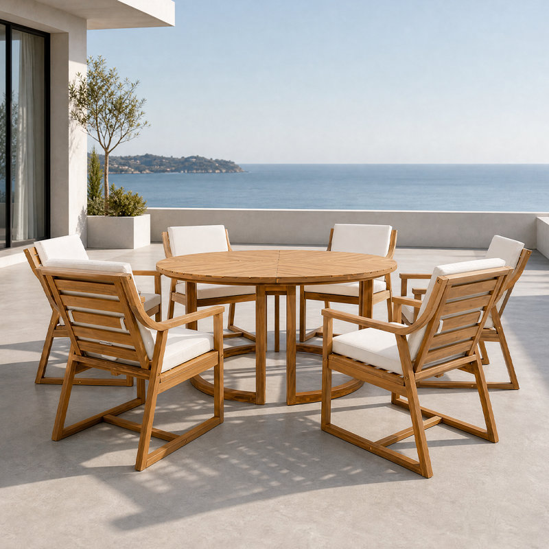 Durable Outdoor Patio Set For 6 - Spacious Round Table With Padded Chairs&Umbrella Hole For Outdoor Entertaining