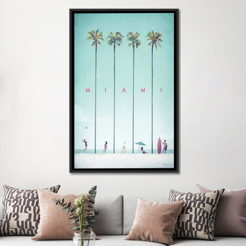 «Visitez Miami», impression sur toile, H 26 po x l 18 po x P 1,5 po, Toile avec cadre noir, Pas de tapis