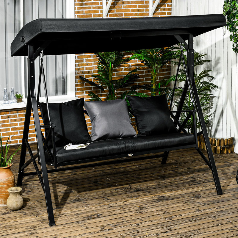 3 balancelles d'extérieur avec auvent inclinable et coussin confortable, coussin de patio noir supplémentaire