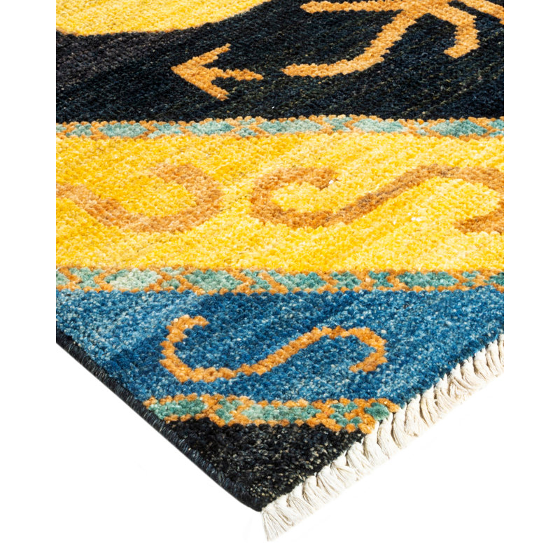 Handmade Black and Yellow Wool 9' x 12' Area Rug