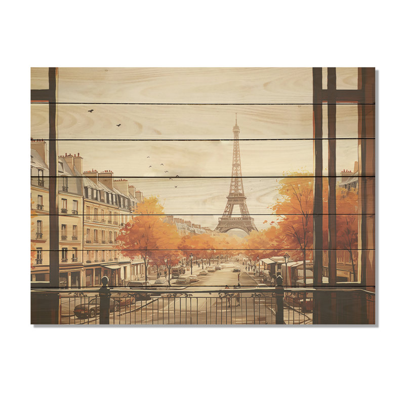Rustic Eiffel Tower Paris Window View III - City Paris On Wood Print, 10" H x 20" W x 0.78" D