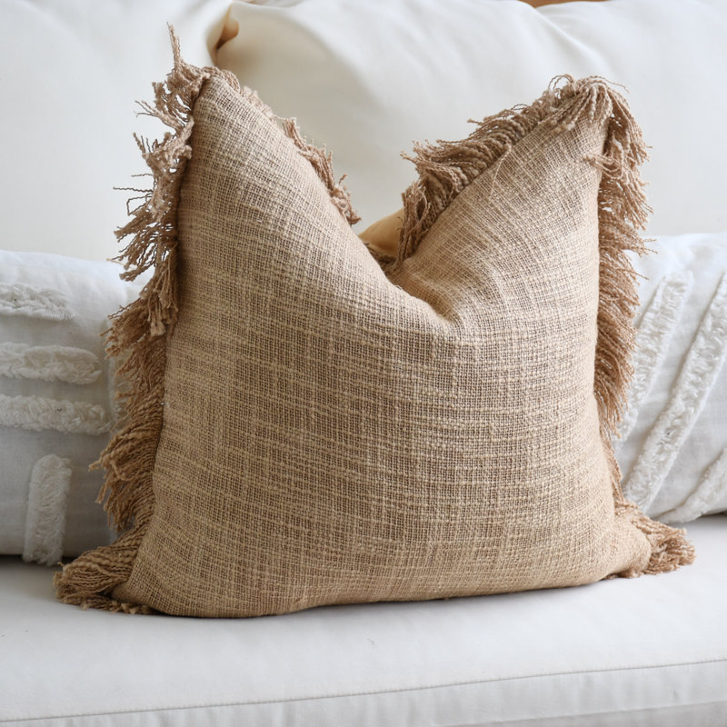India Chic Fringe Cotton Pillow Cover,  Light Brown, 16" x 16"
