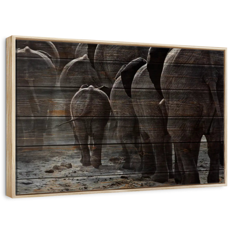 Éléphants texturés en bois, Cadre flottant en bois naturel, 43 po x 29 po