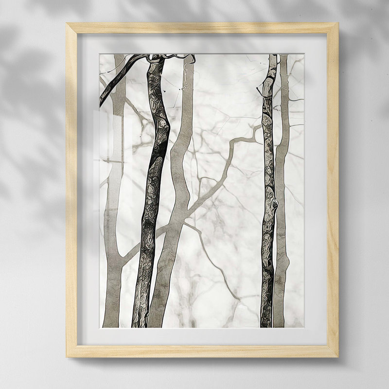 Shadowed Tree Trunks II, reproduction encadrée, Blanc, Papier avec cadre naturel
