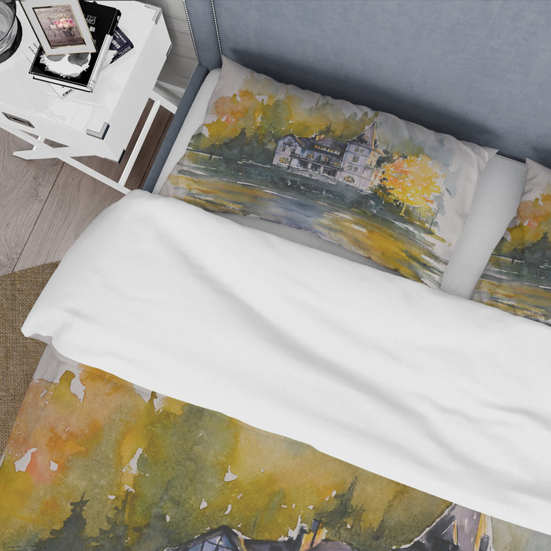 Ensemble de housse de couette Castle By The Lake With Autumn Trees - Lake House - Microfibre de polyester