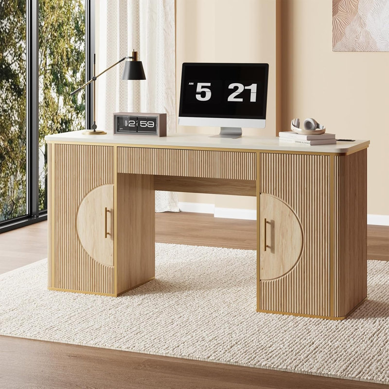 Bureau de direction moderne cannelé de 60 po, bureau d'écriture long en bois avec tiroir et armoire de rangement, bureau d'ordinateur avec station de charge
