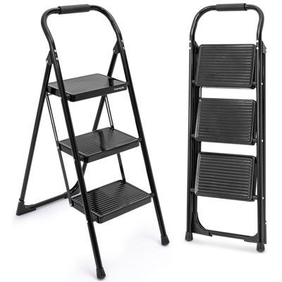  3-Step Ladder, Folding Step Stool for Adults, Wide Anti-Slip Pedal and Handrail, Sturdy Steel Build, 570 lbs Capacity, Portable Step Stool Ladder for Home and Office Use (Black)