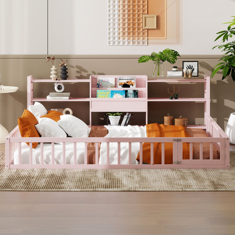Lit de clôture en bois avec garde-corps et tablettes de rangement à 3 niveaux, lit Montessori avec bibliothèque, Double, Rose