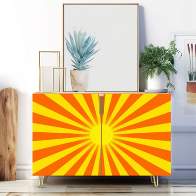 Narrow 35.4'' Wide Sideboard Buffet Cabinet - 2-Door Accent Storage Cabinet With Bright Yellow Sunburst Radiating Lines Print And Metal Legs