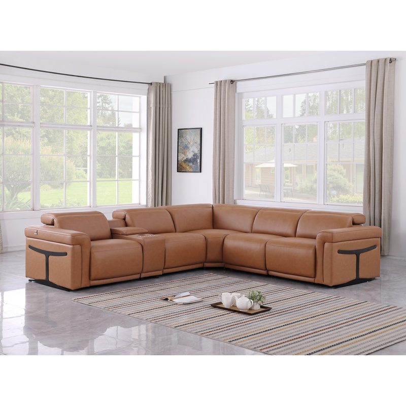 Suhur 6 - Piece Top Grain Italian Leather Power Reclining Sectional, Cognac Genuine Leather