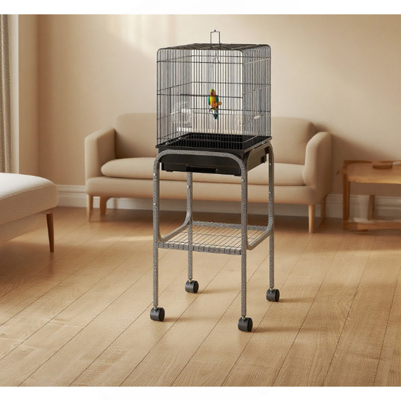 Cage à oiseau 45 po en métal, cage à perroquet, volière à oiseaux avec support à roulettes amovible, panier de rangement et accessoires - noir