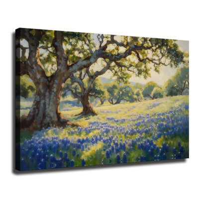 Tableau mural paysage de prairie de lupins, peinture d'un champ de fleurs sauvages printanières, décoration murale nature des collines du Texas avec chêne