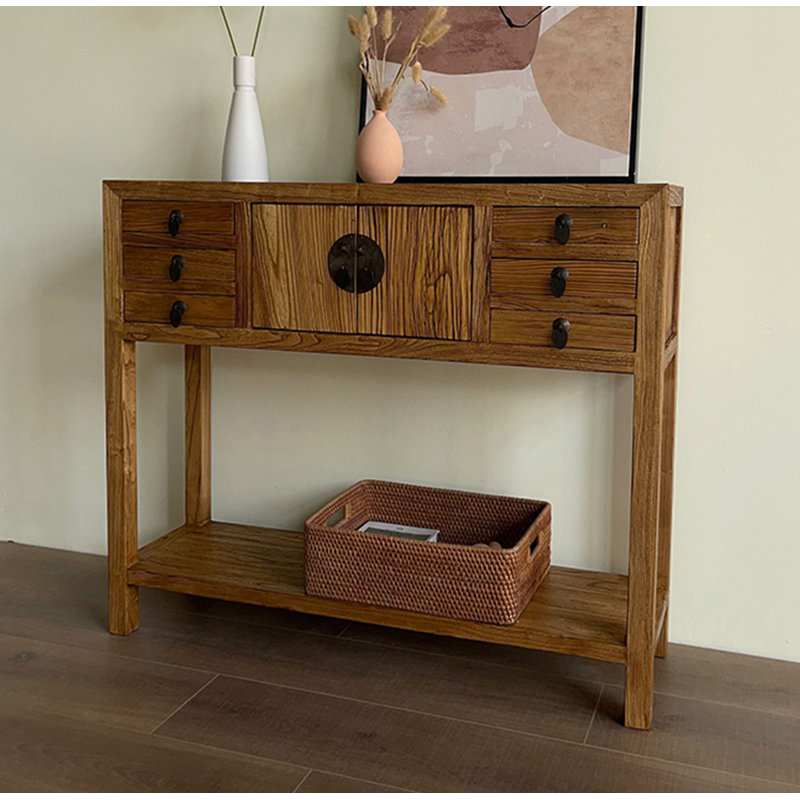 Console rustique en bois massif avec 6 tiroirs et rangement