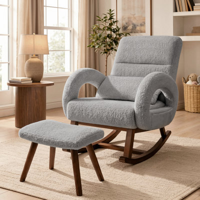 Chaise berçante avec repose-pieds, fauteuil à bascule coulissant en tissu Teddy avec dossier haut et coussin en bois, fauteuil d'appoint rembourré moderne avec pieds en bois massif pour le salon, la chambre à coucher (crème)