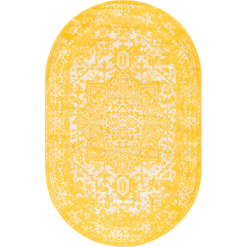 Tapis jaune tissé à la reine Reine, Ovale 5 pi 3 po x 8 pi