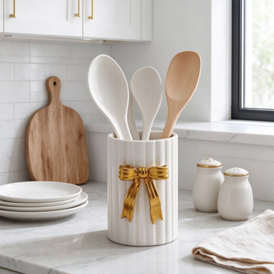 Porte-ustensiles or en céramique avec bord festonné, organisateur de comptoir de cuisine décoratif pour spatules, cuillères et pinceaux de maquillage, joli cadeau de décoration intérieure