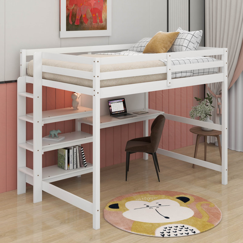 Lit mezzanine double en bois avec tablettes, bureau et tableau d'écriture